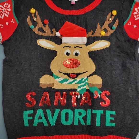 Ugly Christmas Sweater Party Contest Winner Reindeer Sequins Jingle Bells - Picture 2 of 11
